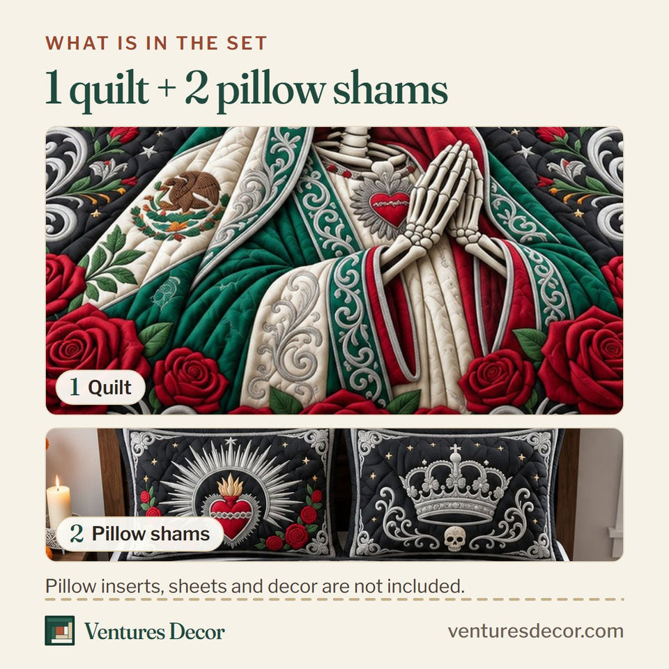 What is in the set: one quilt and two pillow shams, shown in the Santa Muerte Altar design