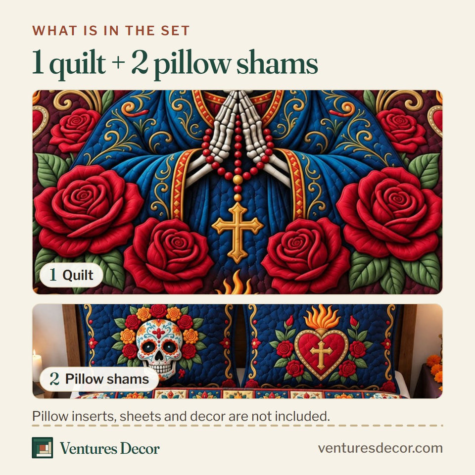 What is in the set: one quilt and two pillow shams, shown in the Santa Muerte design