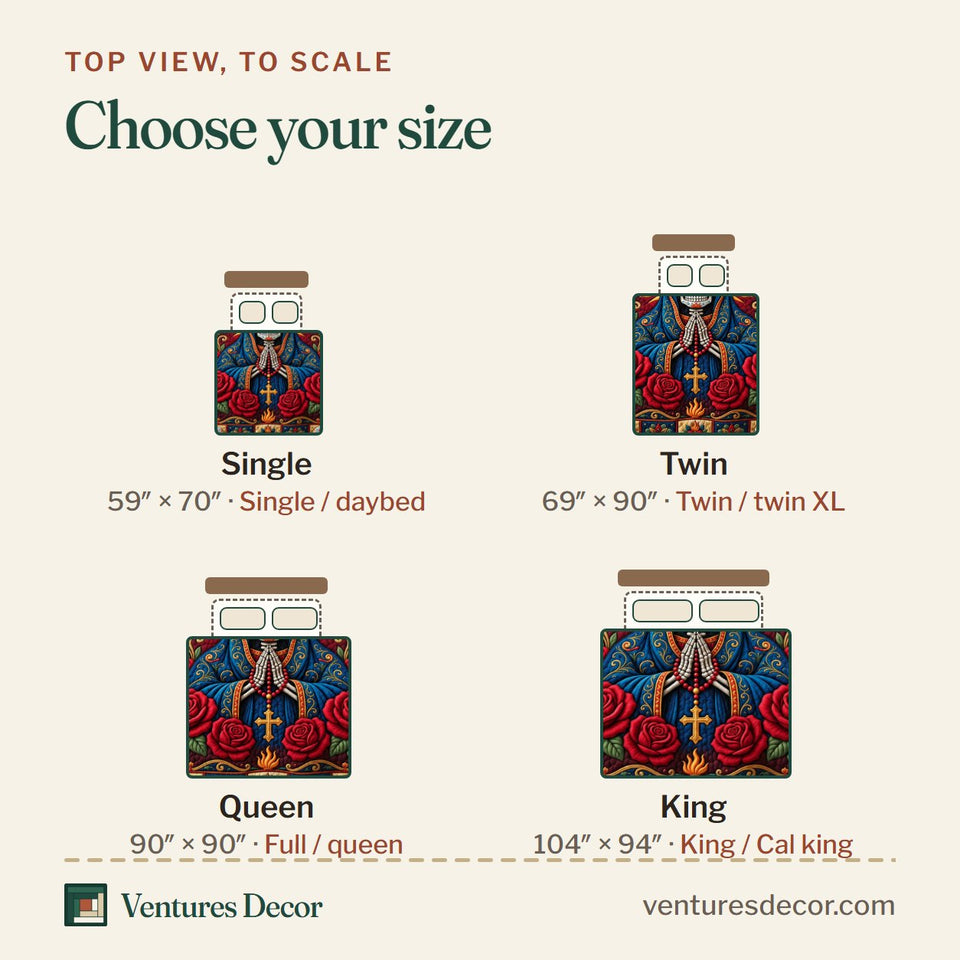 Size guide for the Santa Muerte quilt, top view to scale: Single 59 x 70 in, Twin 69 x 90 in, Queen 90 x 90 in, King 104 x 94 in