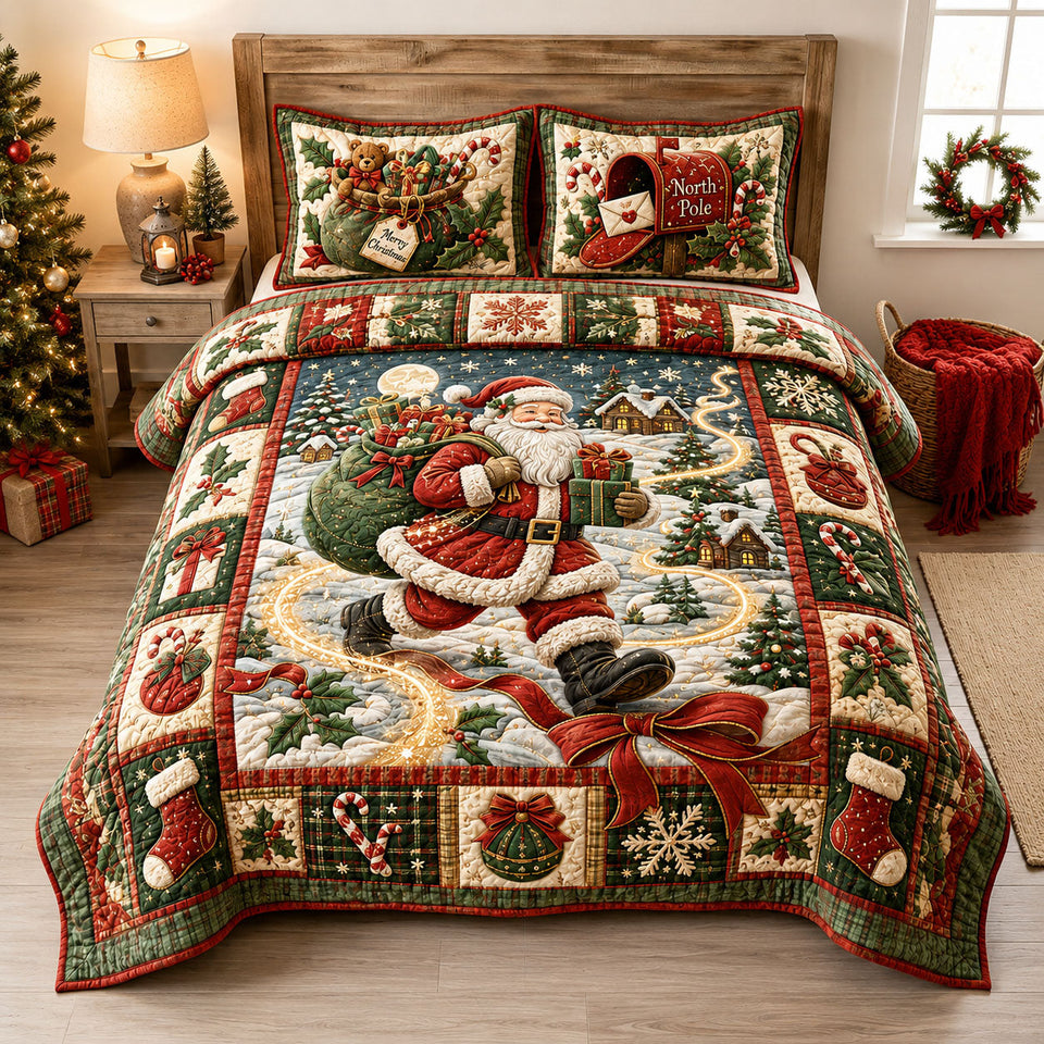 Santa North Pole Delivery quilted bedding set, quilt and two pillow shams on a made bed