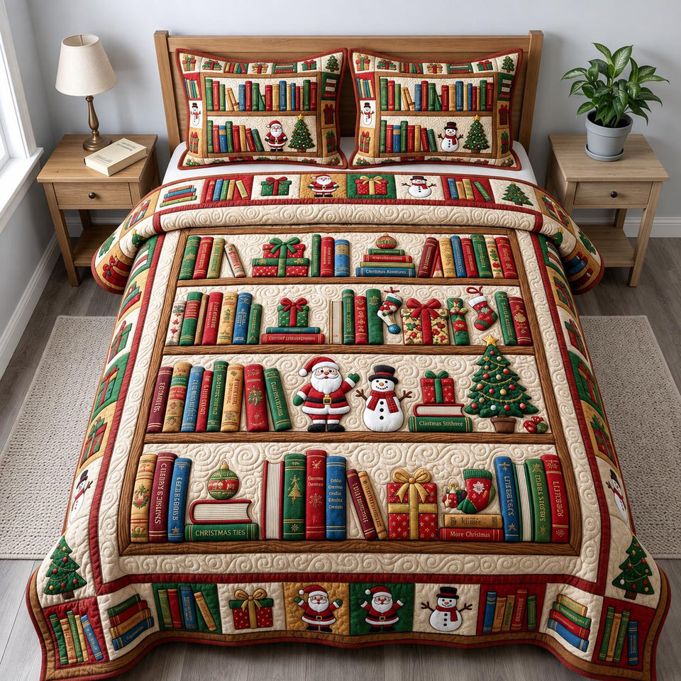 Santa on the Bookshelf quilted bedding set, quilt and two pillow shams on a made bed