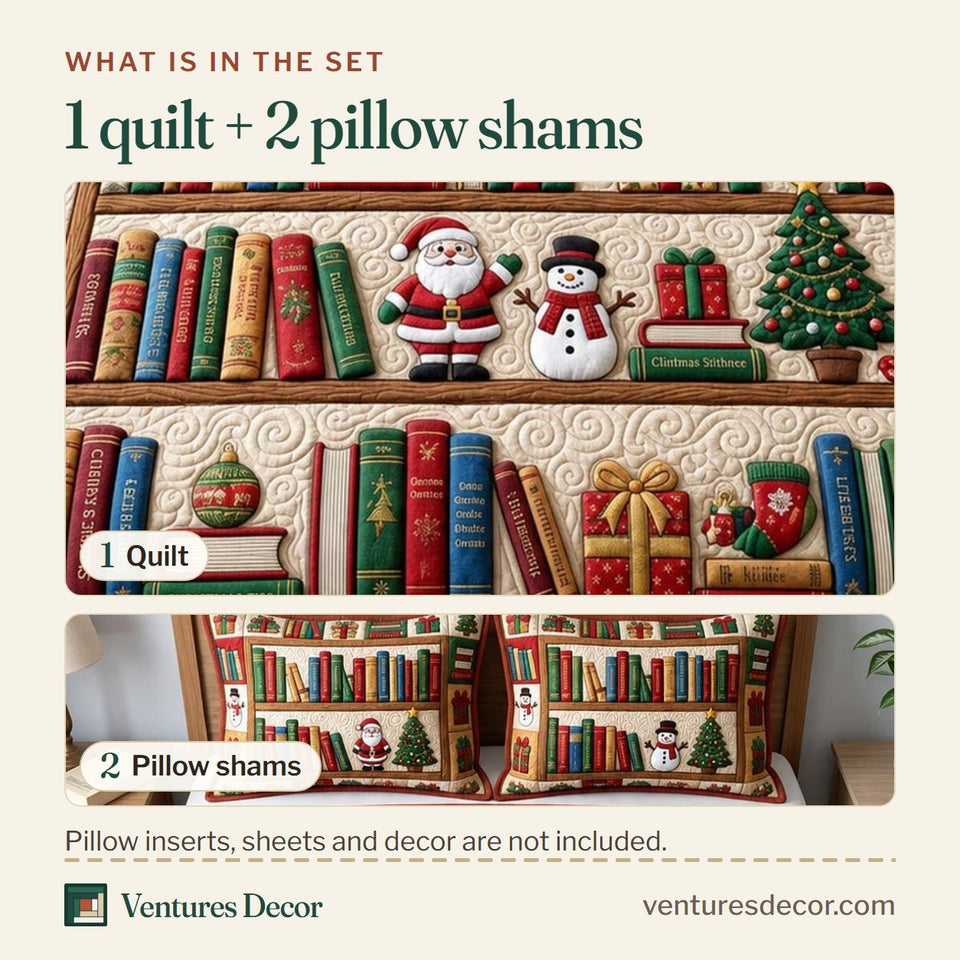 What is in the set: one quilt and two pillow shams, shown in the Santa on the Bookshelf design