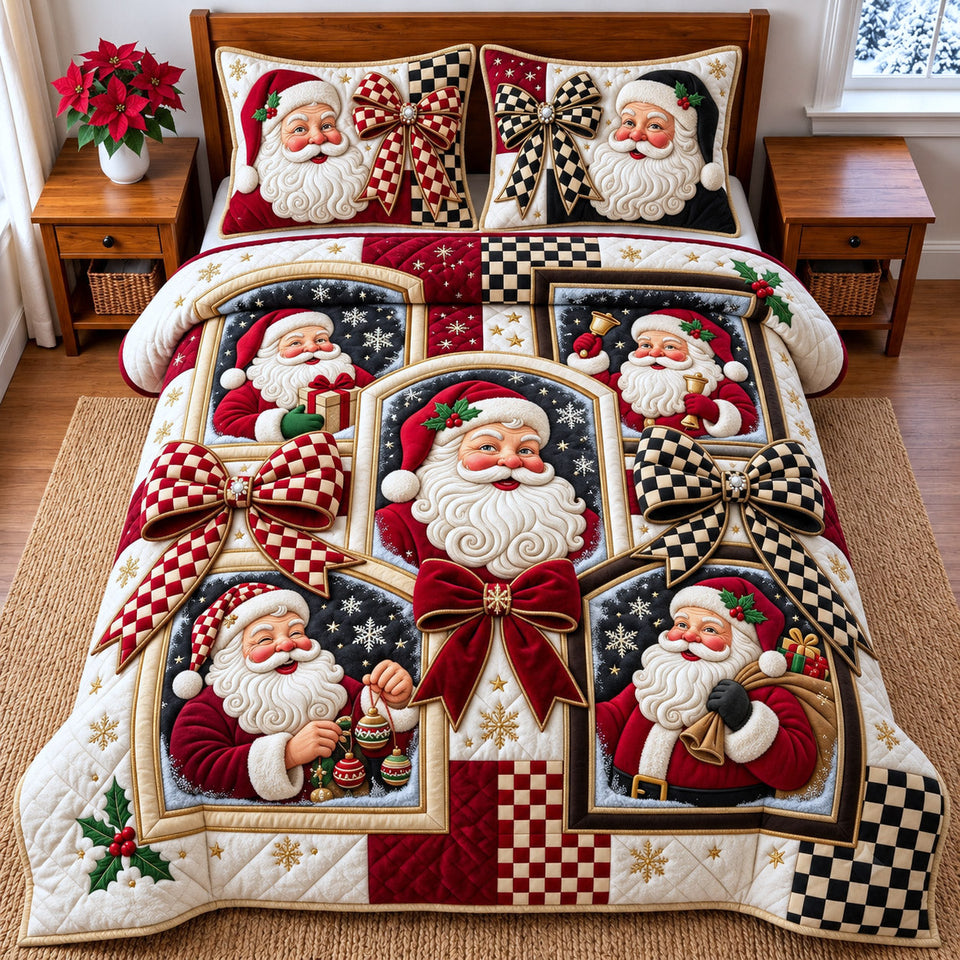 Santa Patchwork quilted bedding set, quilt and two pillow shams on a made bed
