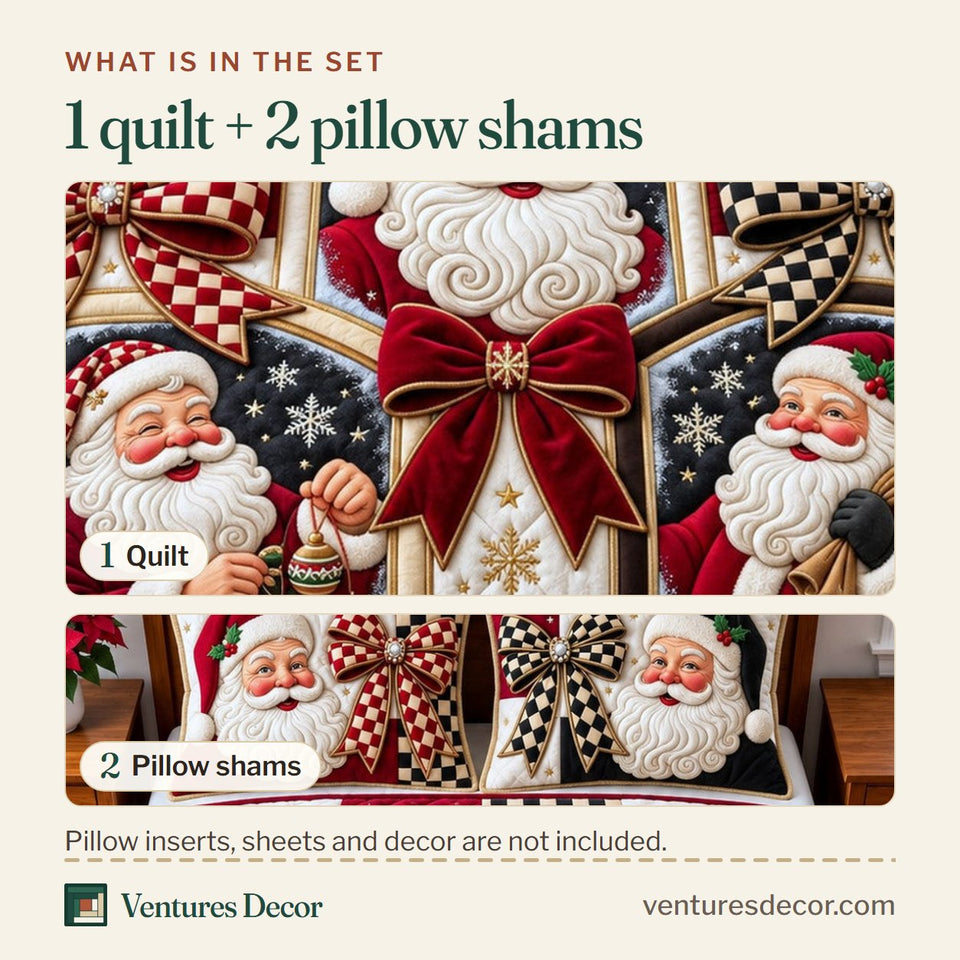 What is in the set: one quilt and two pillow shams, shown in the Christmas Santa Patchwork Quilt Set, 3-Piece Quilted Bedding with 2 Pillow Shams design