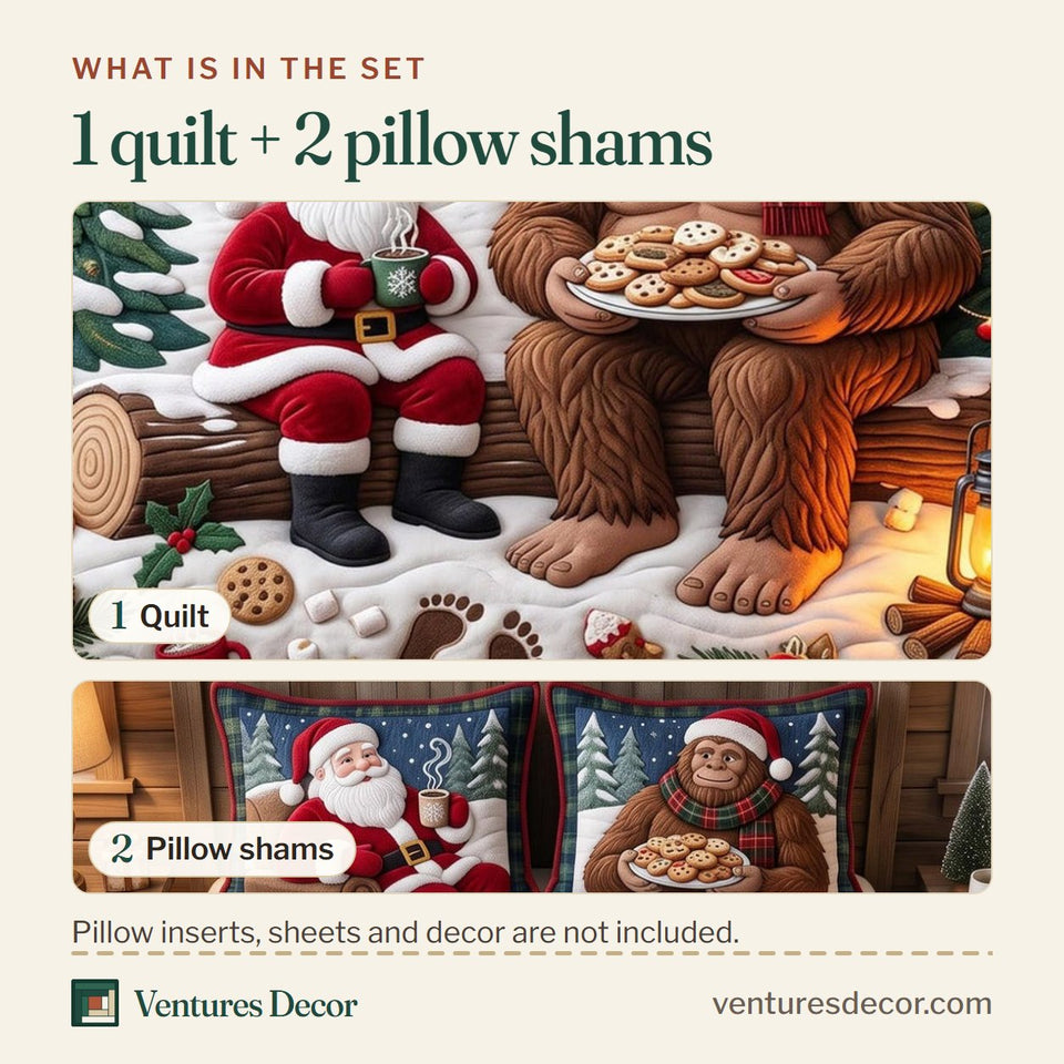 What is in the set: one quilt and two pillow shams, shown in the Santa Sasquatch design