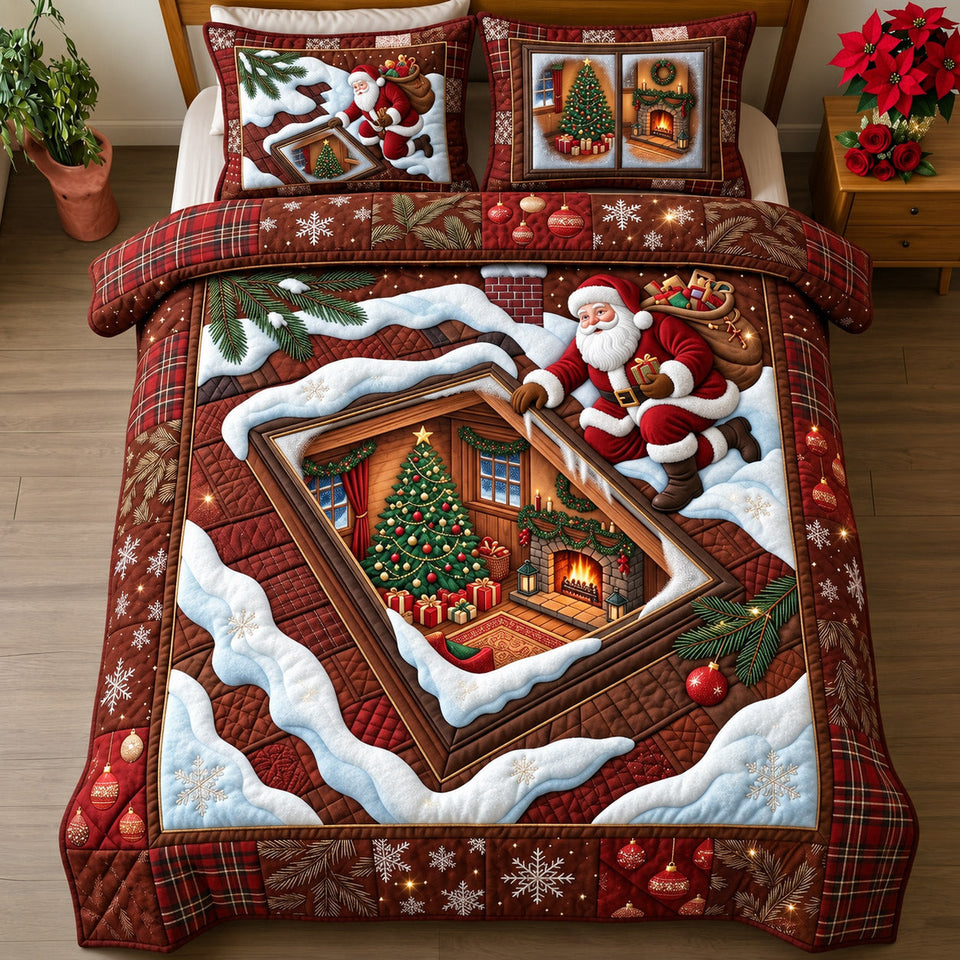 Santa Village quilted bedding set, quilt and two pillow shams on a made bed
