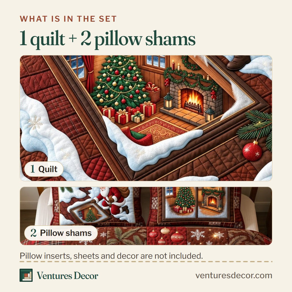 What is in the set: one quilt and two pillow shams, shown in the Christmas Santa Village Quilt Set, 3-Piece Quilted Bedding with 2 Pillow Shams design