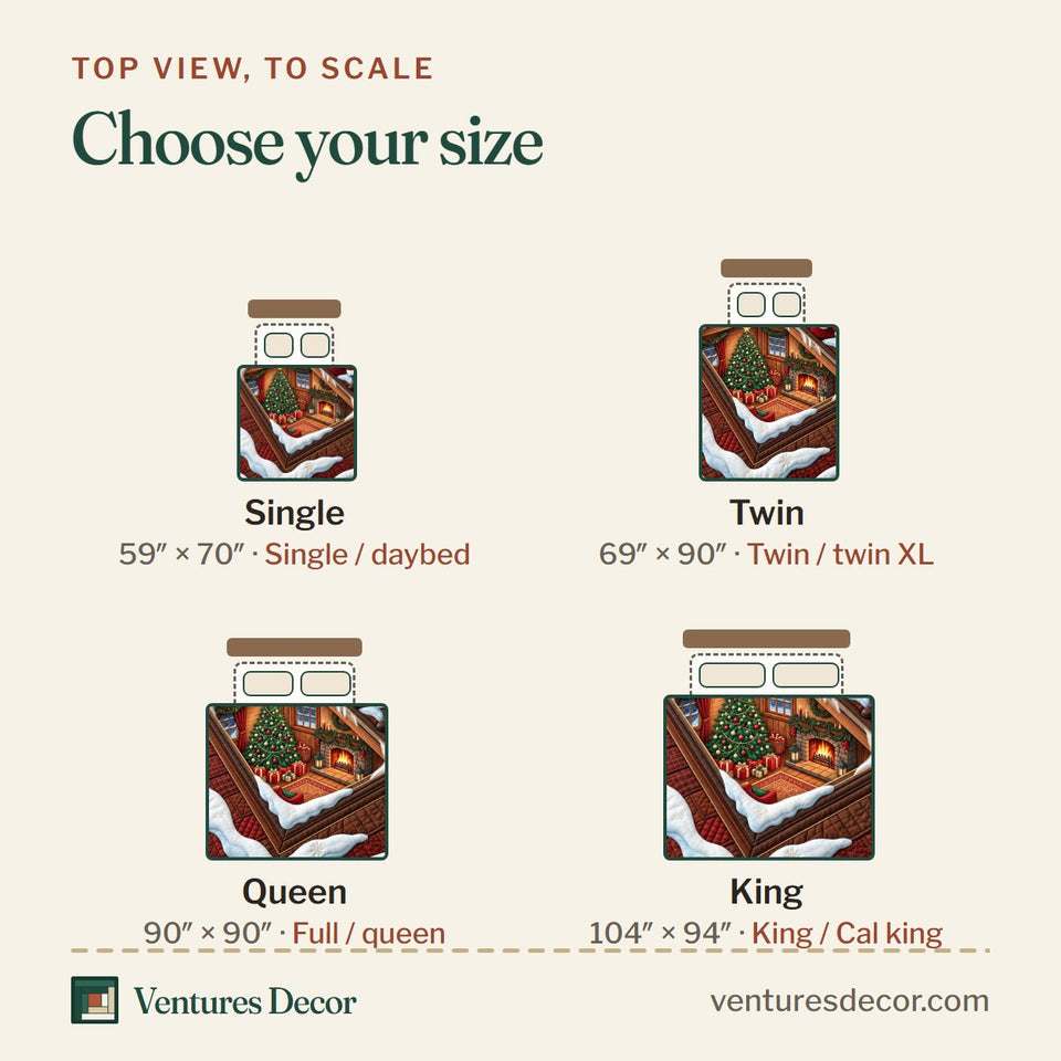 Size guide for the Christmas Santa Village Quilt Set, 3-Piece Quilted Bedding with 2 Pillow Shams quilt, top view to scale: Single 59 x 70 in, Twin 69 x 90 in, Queen 90 x 90 in, King 104 x 94 in