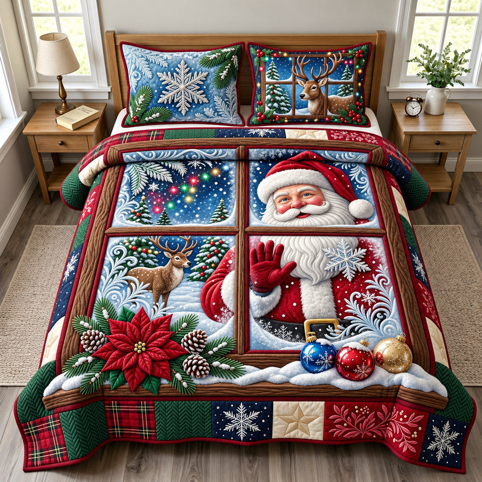 Santa Window quilted bedding set, quilt and two pillow shams on a made bed