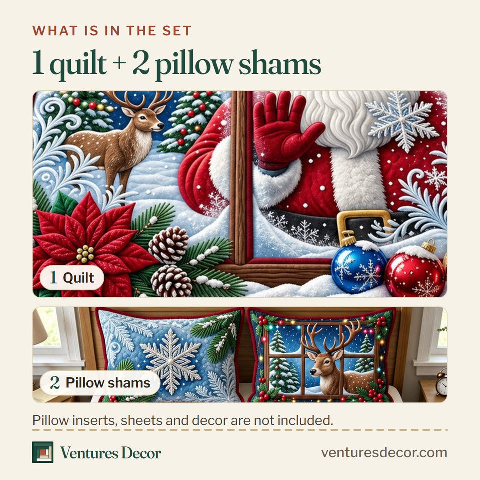 What is in the set: one quilt and two pillow shams, shown in the Christmas Santa Window Quilt Set, 3-Piece Quilted Bedding with 2 Pillow Shams design