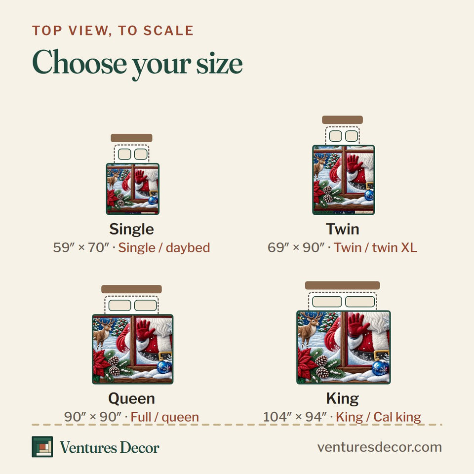 Size guide for the Christmas Santa Window Quilt Set, 3-Piece Quilted Bedding with 2 Pillow Shams quilt, top view to scale: Single 59 x 70 in, Twin 69 x 90 in, Queen 90 x 90 in, King 104 x 94 in