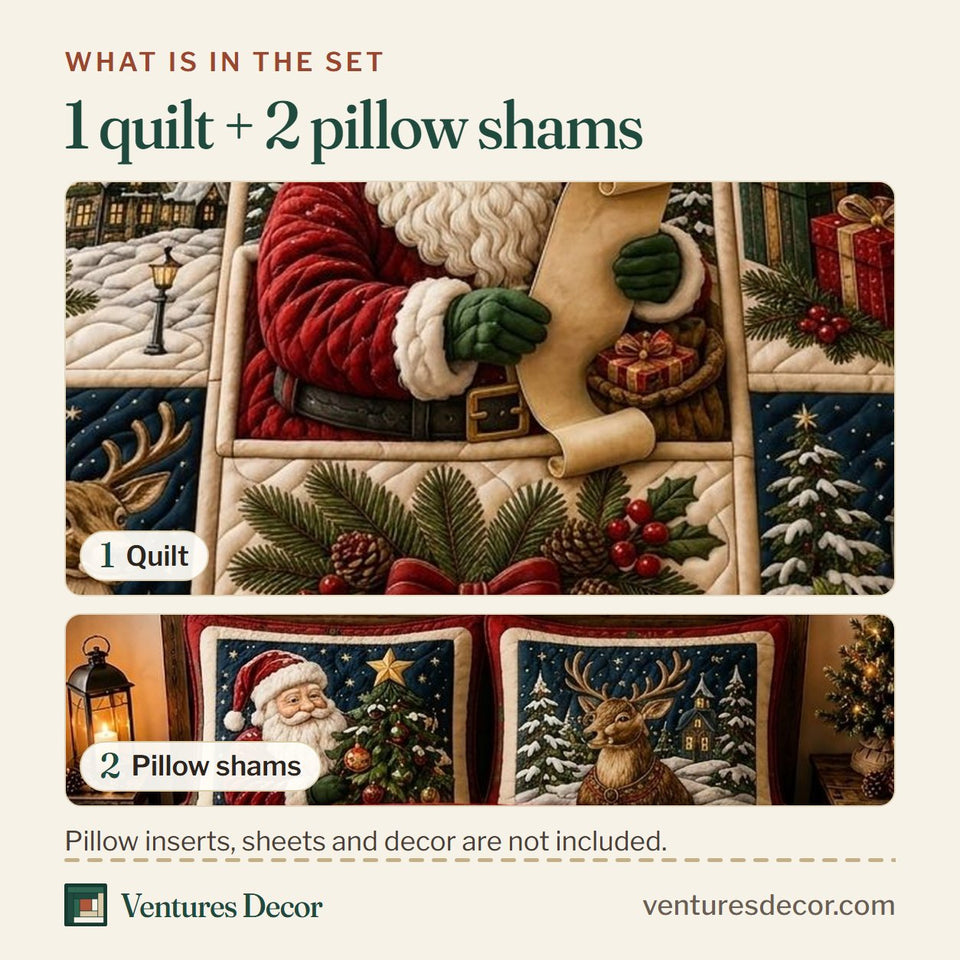 What is in the set: one quilt and two pillow shams, shown in the Santa Winter Magic design