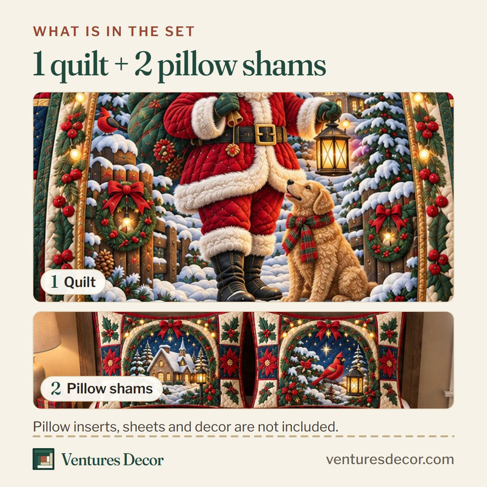What is in the set: one quilt and two pillow shams, shown in the Santa Winter Village design