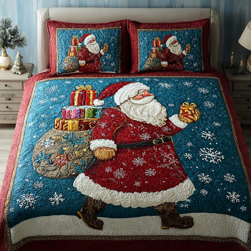 Santa with Gift Sack quilted 3-piece bedding set on a made bed in a winter-styled bedroom