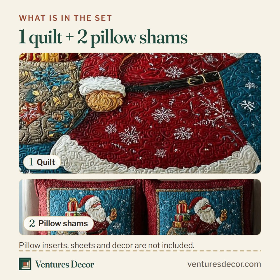 What is in the set: one quilt and two pillow shams, shown in the Santa with Gift Sack design