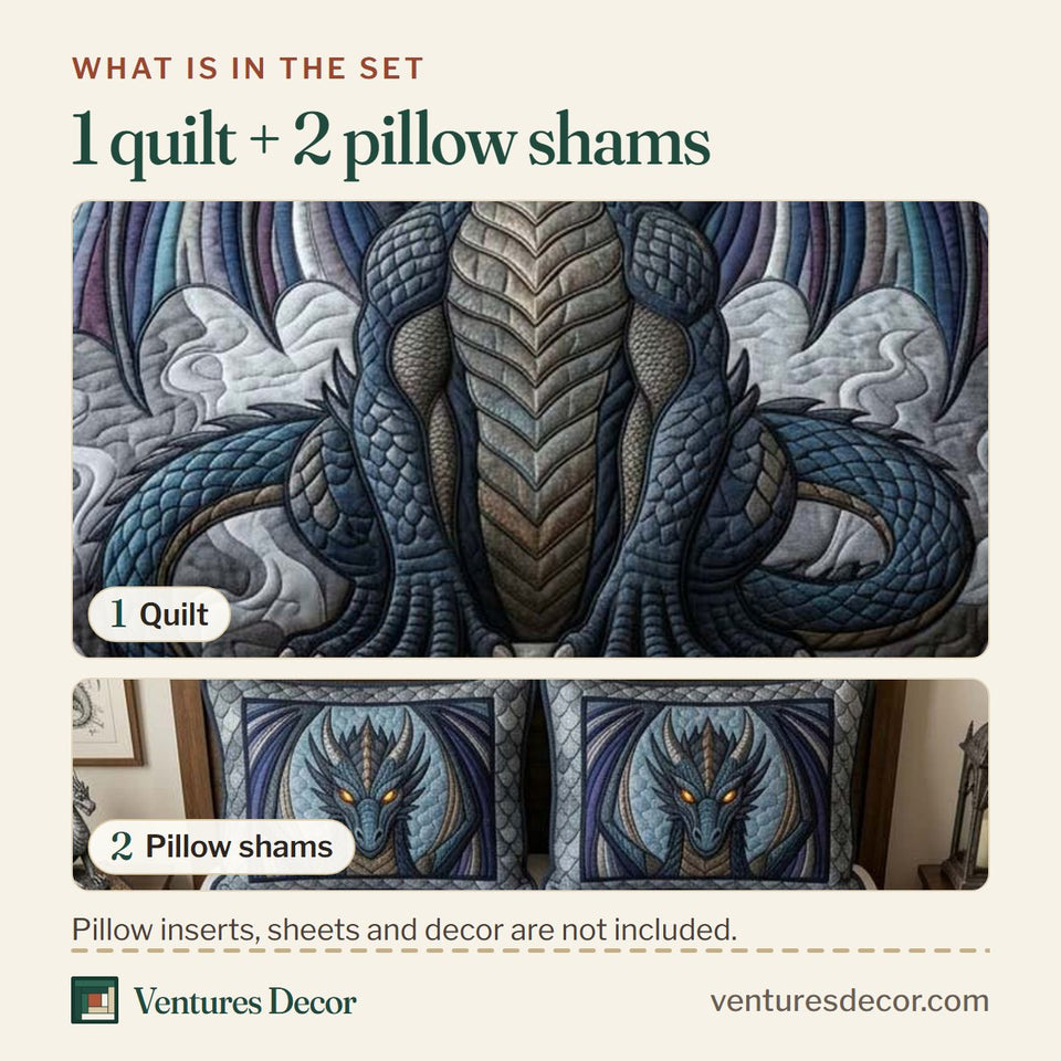 What is in the set: one quilt and two pillow shams, shown in the Sapphire Guard Dragon design