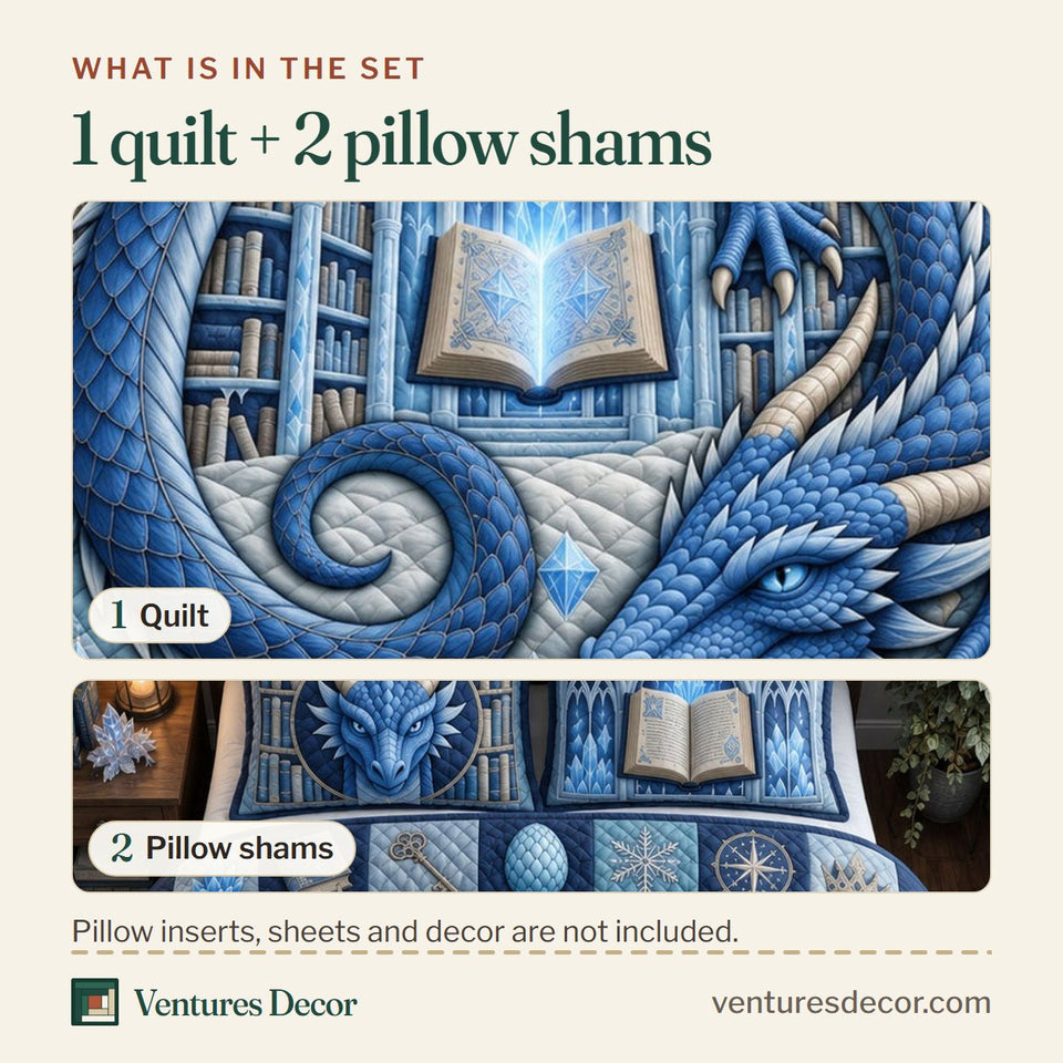 What is in the set: one quilt and two pillow shams, shown in the Sapphire Ice Dragon design