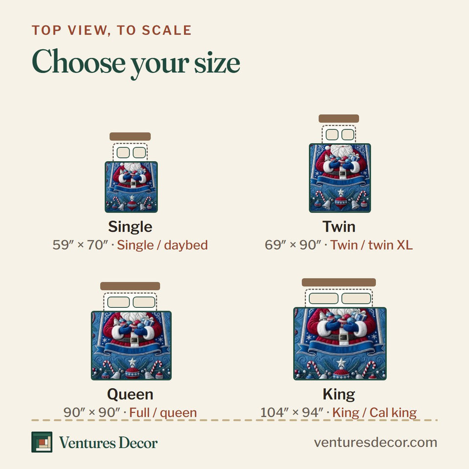 Size guide for the Sapphire Ruby Christmas quilt, top view to scale: Single 59 x 70 in, Twin 69 x 90 in, Queen 90 x 90 in, King 104 x 94 in