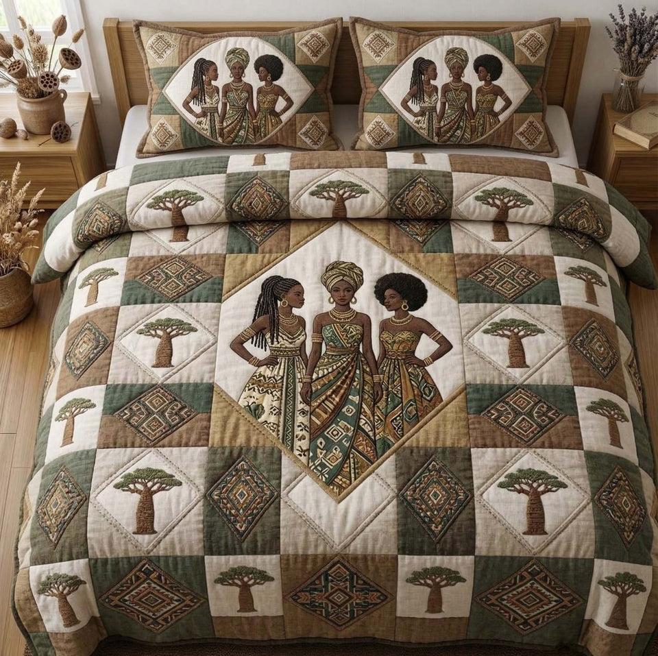 Savanna Unity quilted bedding set, quilt and two pillow shams on a made bed
