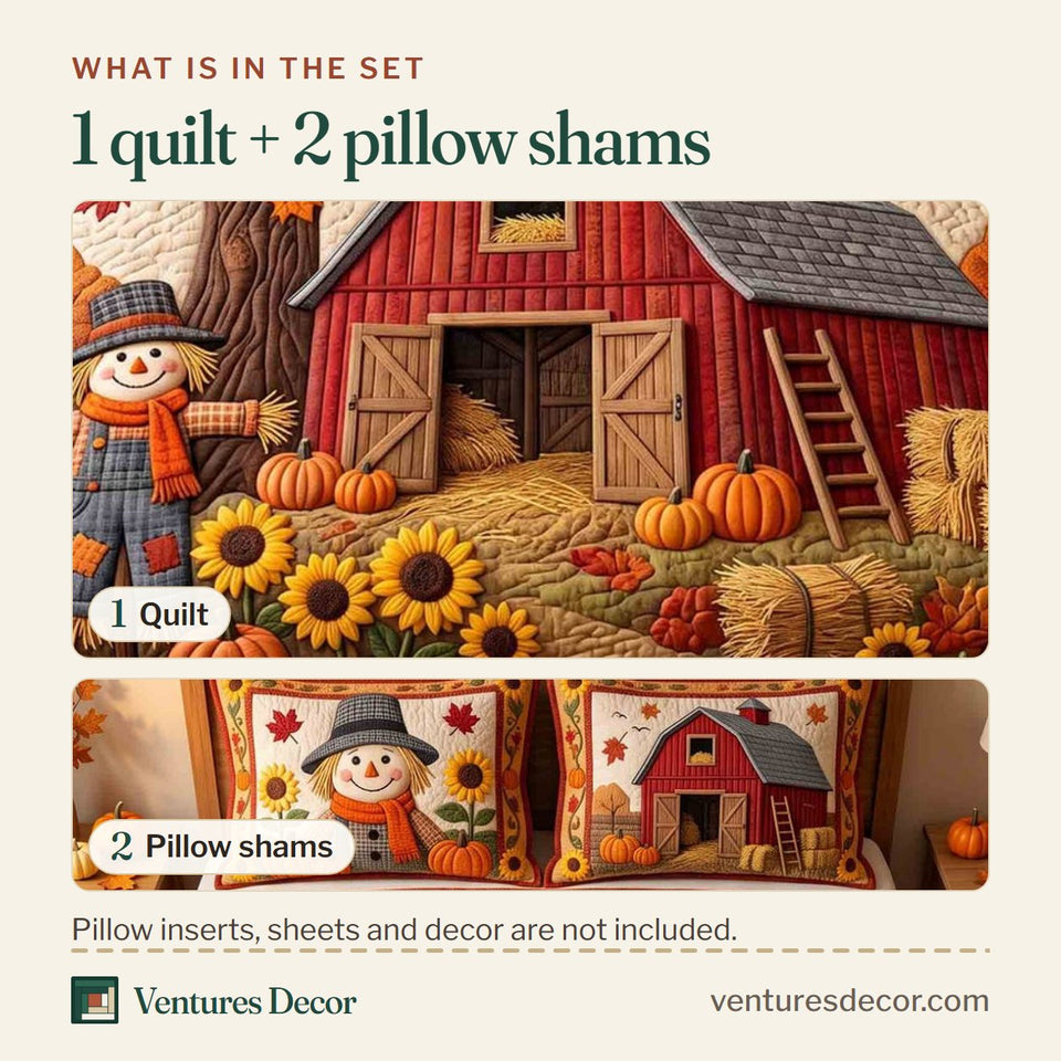 What is in the set: one quilt and two pillow shams, shown in the Scarecrow at the Red Barn design