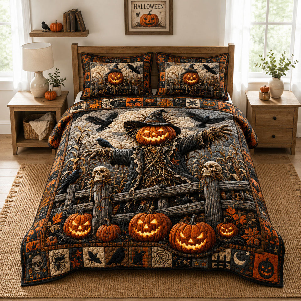 Scarecrow Pumpkin Patch quilted bedding set, quilt and two pillow shams on a made bed