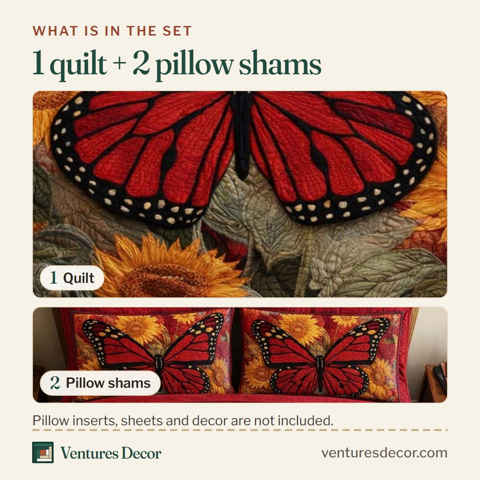 What is in the set: one quilt and two pillow shams, shown in the Scarlet Monarch design