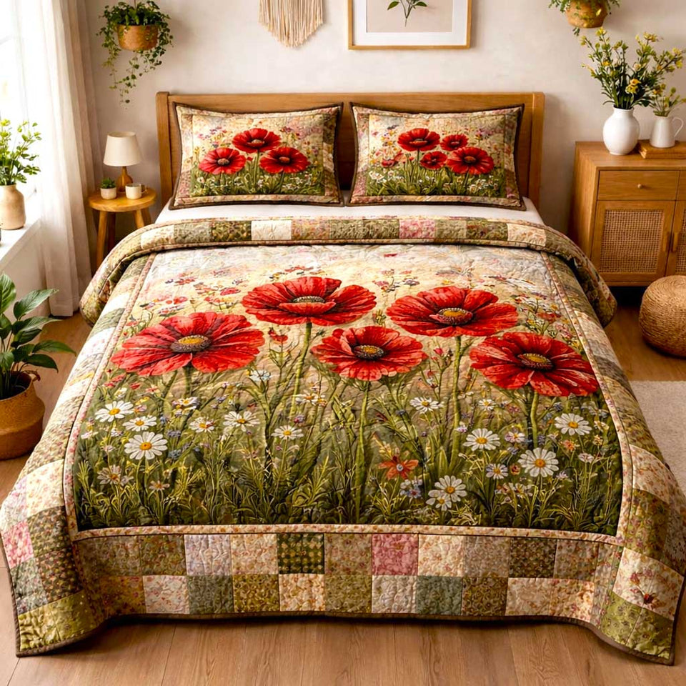 Scarlet Poppy Meadow quilted bedding set, quilt and two pillow shams on a made bed