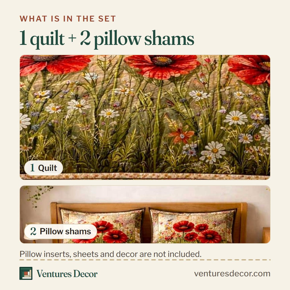 What is in the set: one quilt and two pillow shams, shown in the Scarlet Poppy Meadow design