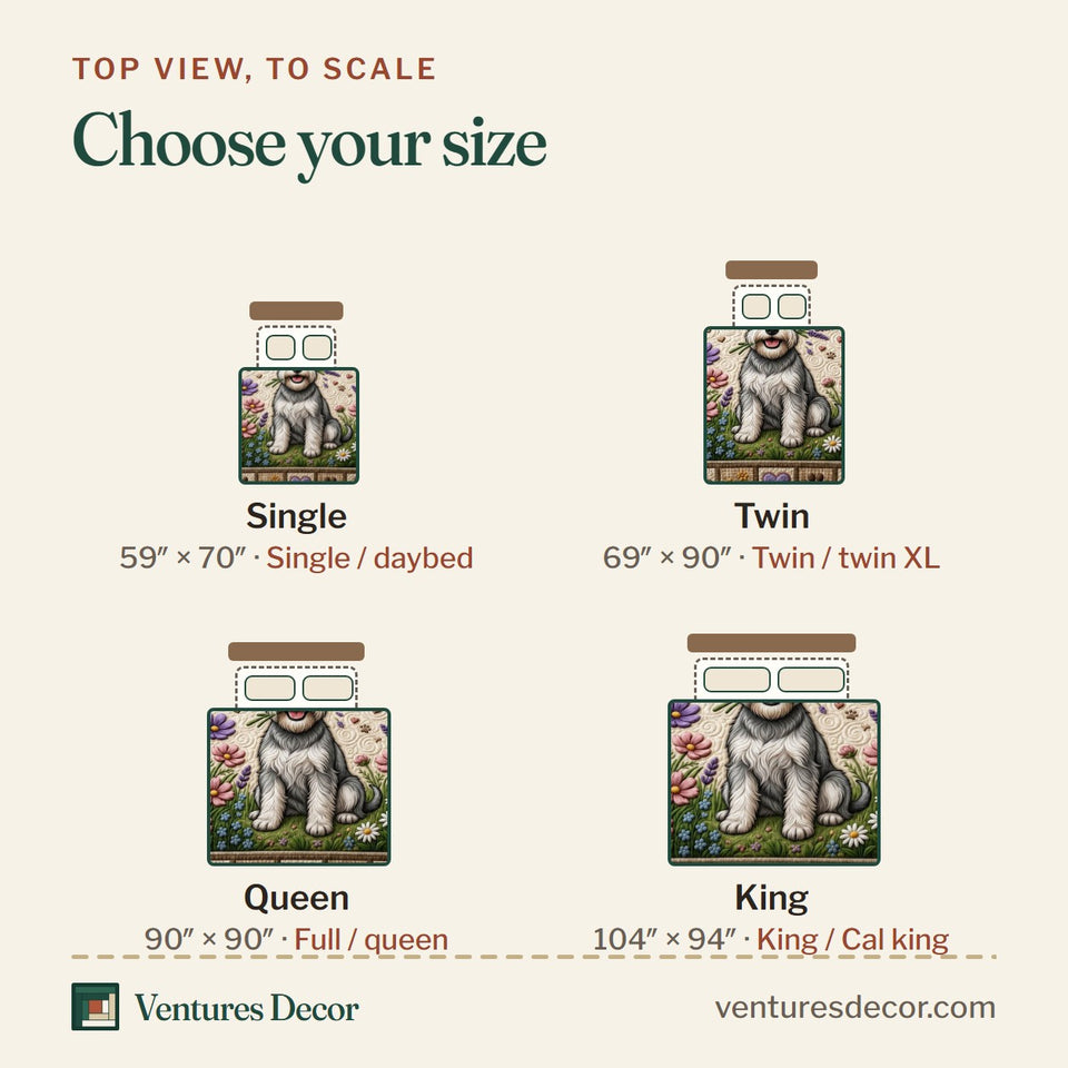 Size guide for the Schnauzer Paw Print Garden quilt, top view to scale: Single 59 x 70 in, Twin 69 x 90 in, Queen 90 x 90 in, King 104 x 94 in