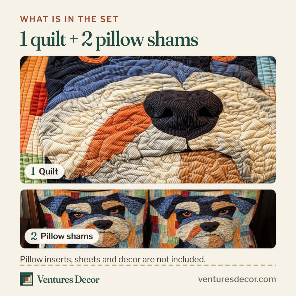 What is in the set: one quilt and two pillow shams, shown in the Schnauzer Warm Patchwork Beard Close Up design