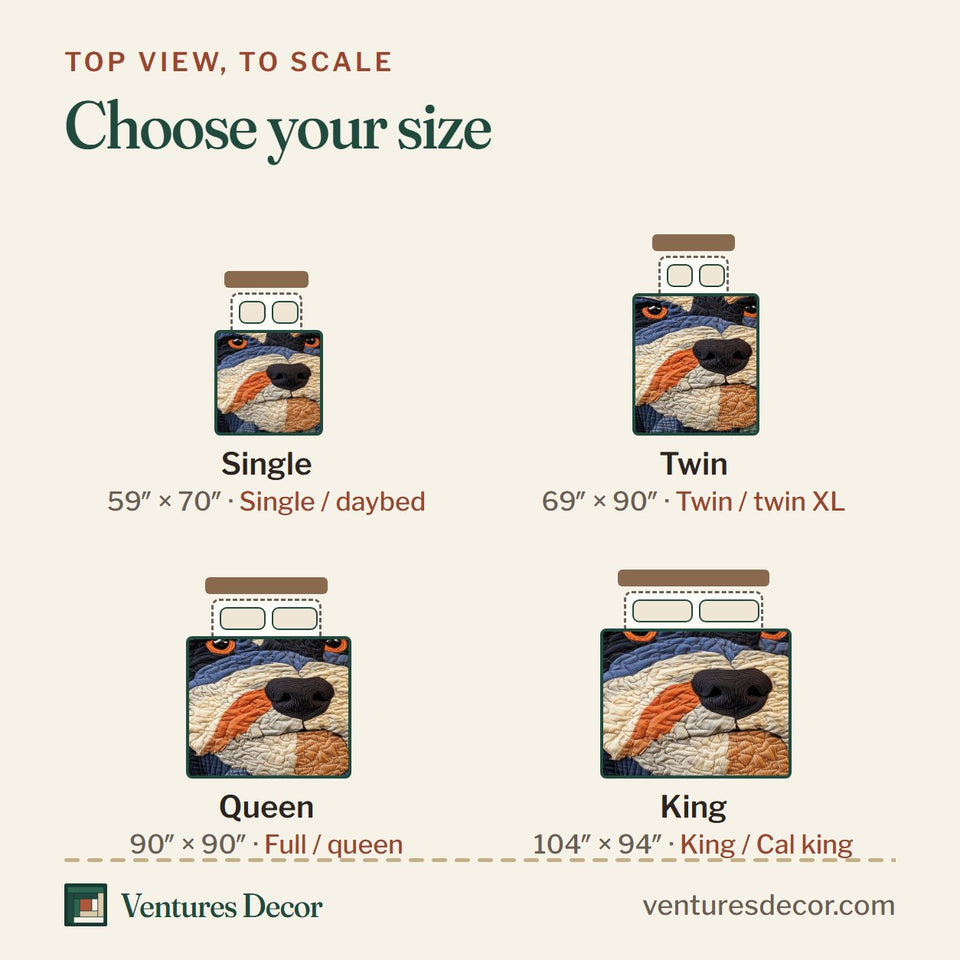 Size guide for the Schnauzer Warm Patchwork Beard Close Up quilt, top view to scale: Single 59 x 70 in, Twin 69 x 90 in, Queen 90 x 90 in, King 104 x 94 in