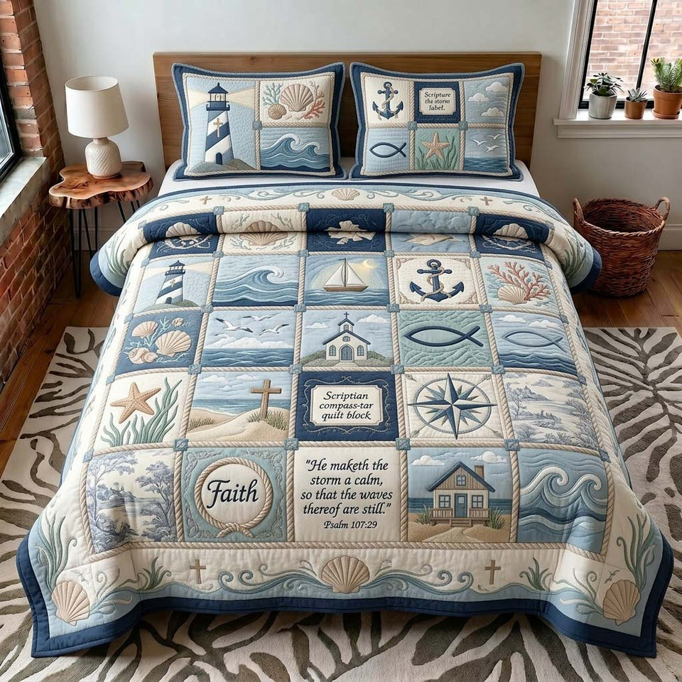 Scripture Coast quilted bedding set, quilt and two pillow shams on a made bed
