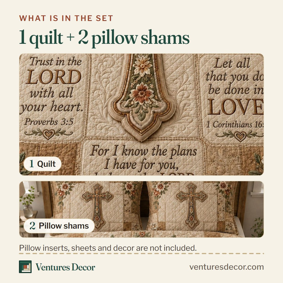 What is in the set: one quilt and two pillow shams, shown in the Scripture Cross Christian design