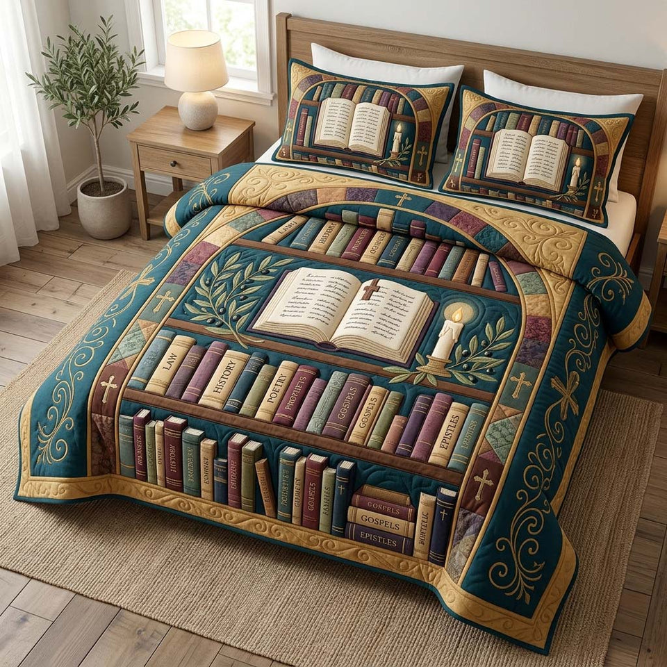 Scripture Library quilted bedding set, quilt and two pillow shams on a made bed