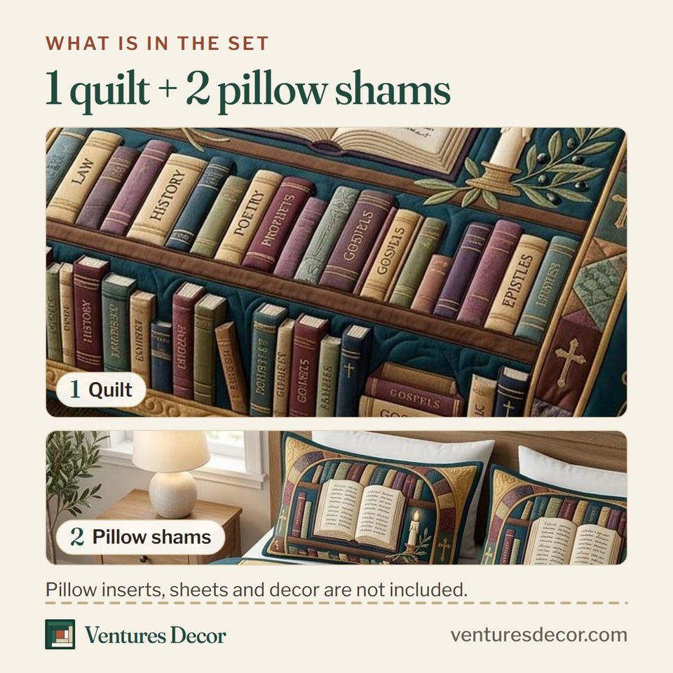 What is in the set: one quilt and two pillow shams, shown in the Scripture Library design