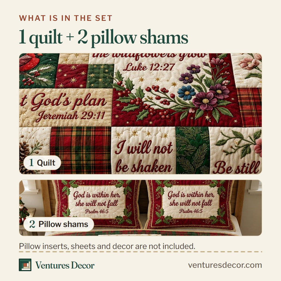 What is in the set: one quilt and two pillow shams, shown in the Scripture Sampler Plaid design