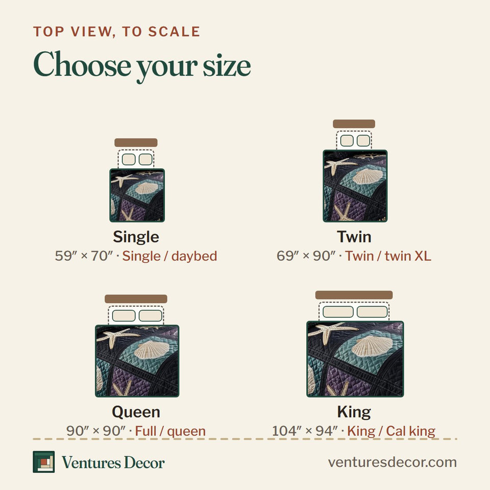 Size guide for the Sea Drift quilt, top view to scale: Single 59 x 70 in, Twin 69 x 90 in, Queen 90 x 90 in, King 104 x 94 in