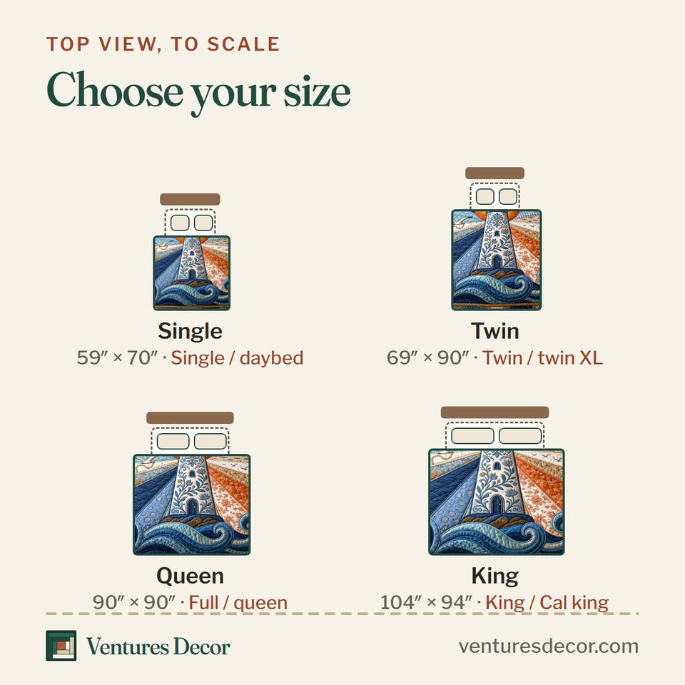 Size guide for the Sea Escape Blue and Orange Rays quilt, top view to scale: Single 59 x 70 in, Twin 69 x 90 in, Queen 90 x 90 in, King 104 x 94 in