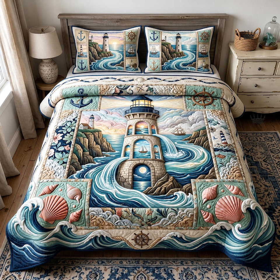 Sea Escape Cliff Lighthouse Shell Border quilted bedding set, quilt and two pillow shams on a made bed