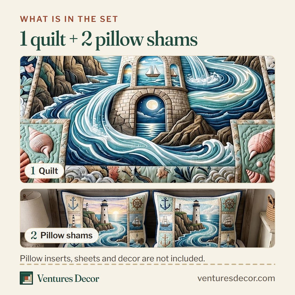 What is in the set: one quilt and two pillow shams, shown in the Sea Escape Cliff Lighthouse Shell Border design