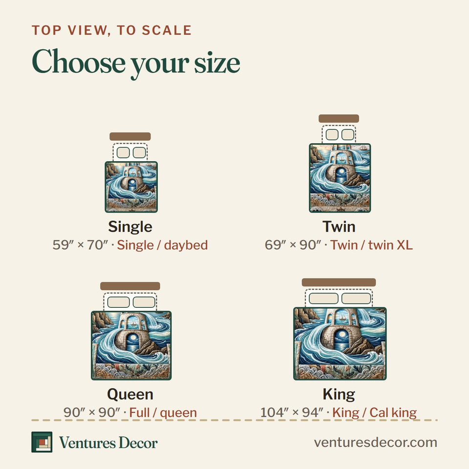 Size guide for the Sea Escape Cliff Lighthouse Shell Border quilt, top view to scale: Single 59 x 70 in, Twin 69 x 90 in, Queen 90 x 90 in, King 104 x 94 in