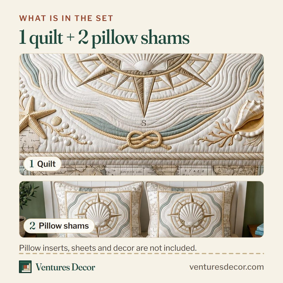 What is in the set: one quilt and two pillow shams, shown in the Sea Escape Cream Compass Rose design