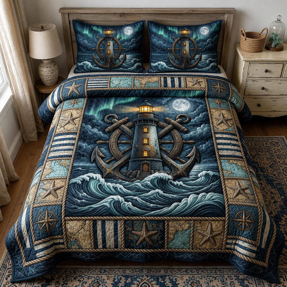 Sea Escape Denim Border Big Anchor quilted bedding set, quilt and two pillow shams on a made bed