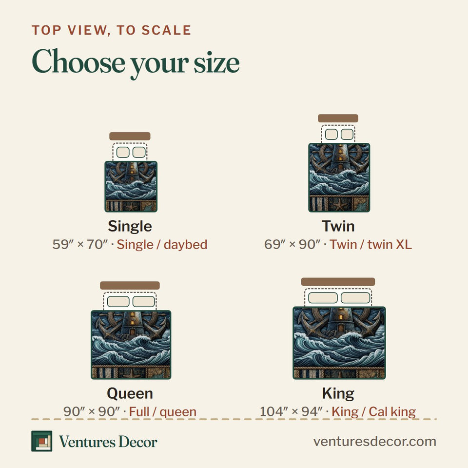Size guide for the Sea Escape Denim Border Big Anchor quilt, top view to scale: Single 59 x 70 in, Twin 69 x 90 in, Queen 90 x 90 in, King 104 x 94 in
