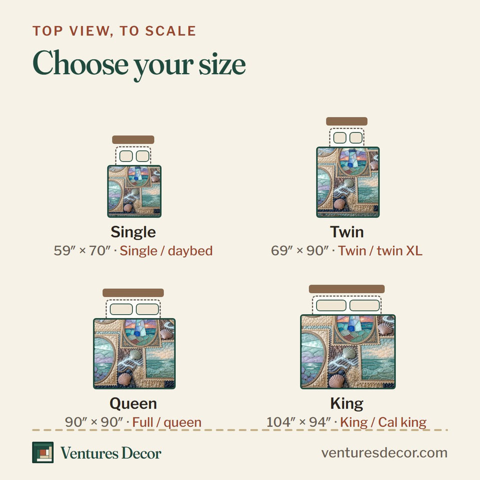 Size guide for the Sea Escape Framed Vignette Patchwork quilt, top view to scale: Single 59 x 70 in, Twin 69 x 90 in, Queen 90 x 90 in, King 104 x 94 in