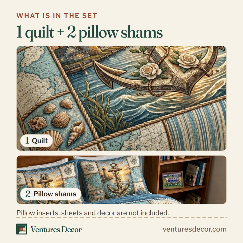 What is in the set: one quilt and two pillow shams, shown in the Sea Escape Glowing Anchor Tan Blocks design