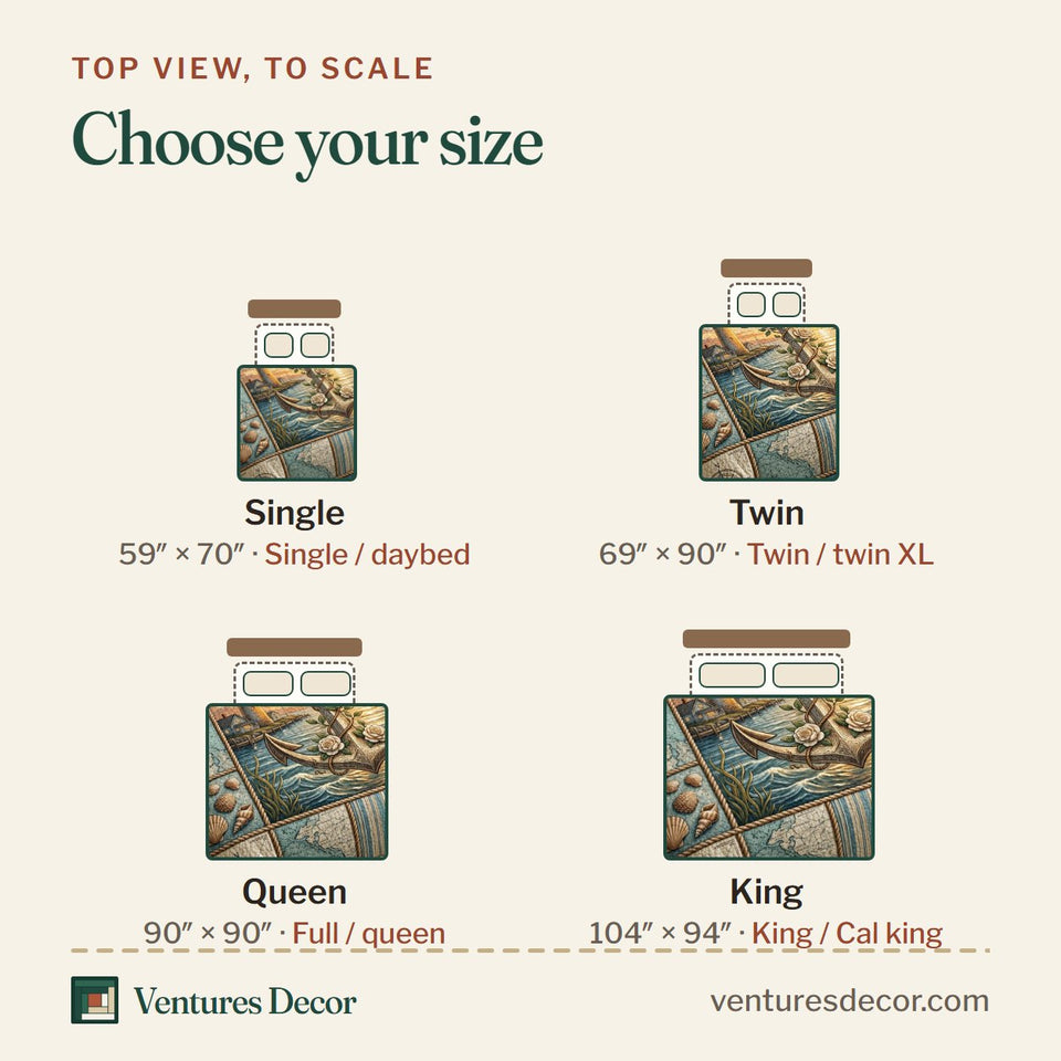 Size guide for the Sea Escape Glowing Anchor Tan Blocks quilt, top view to scale: Single 59 x 70 in, Twin 69 x 90 in, Queen 90 x 90 in, King 104 x 94 in