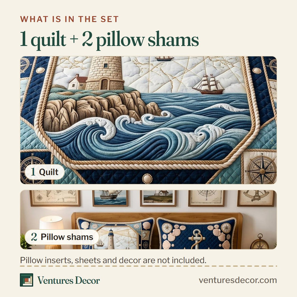 What is in the set: one quilt and two pillow shams, shown in the Sea Escape Navy Framed Lighthouse Panel design