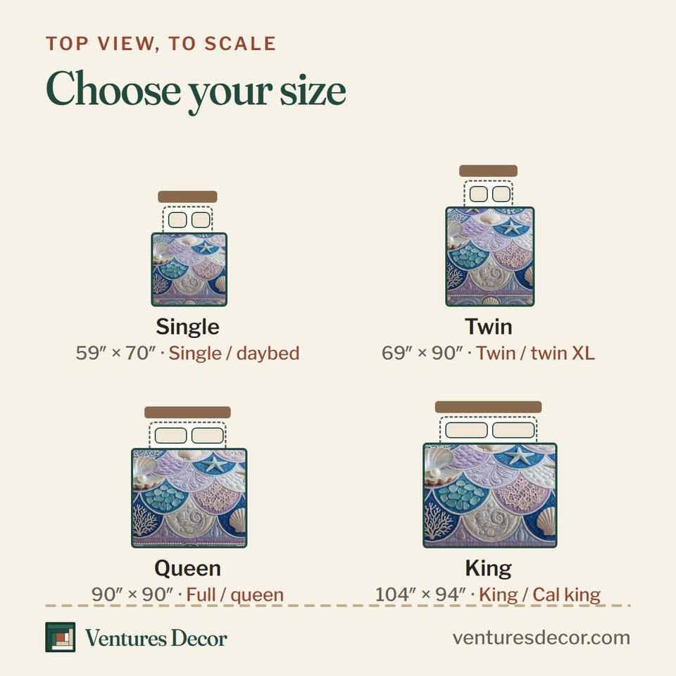 Size guide for the Sea Escape Navy Lavender Scallops quilt, top view to scale: Single 59 x 70 in, Twin 69 x 90 in, Queen 90 x 90 in, King 104 x 94 in