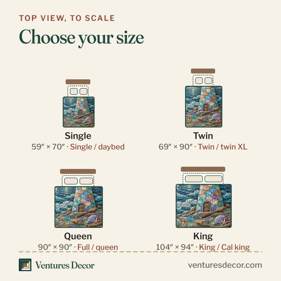 Size guide for the Sea Escape Night Coral Reef Beacon quilt, top view to scale: Single 59 x 70 in, Twin 69 x 90 in, Queen 90 x 90 in, King 104 x 94 in